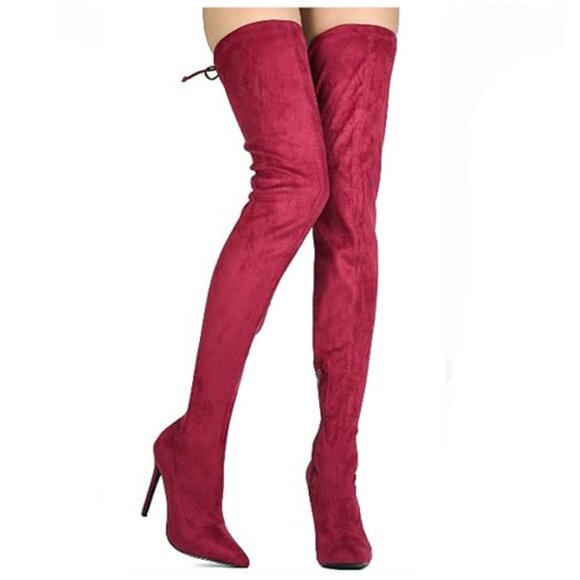 Statement Style Pointed Toe Thigh-High Silhouette Wine Red Stiletto Suede Boots - Picture 3 of 7